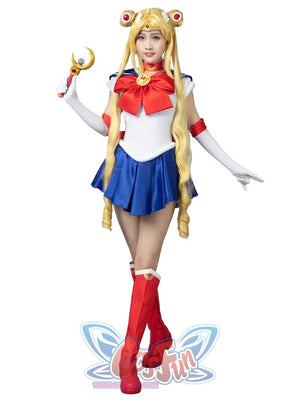Usagi Tsukino cosplay costume full view centers the red chest bow above the blue pleated skirt