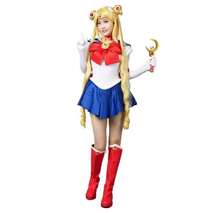 COSFUN Usagi Tsukino cosplay costume sets a red bow over a white bodice and blue pleats