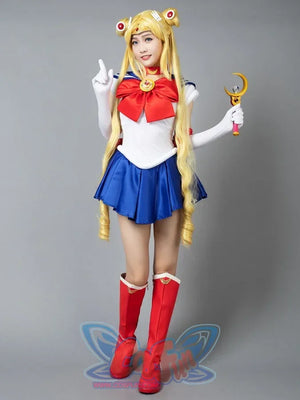 Usagi Tsukino cosplay costume side pose sets the white bodice against blue pleats and red accents
