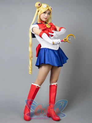 Usagi Tsukino cosplay costume side profile sets blue skirt pleats beneath the sailor bodice