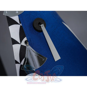 Velina Airgid cosplay back waist accessory detail features a silver tassel hanging from the blue side panel.