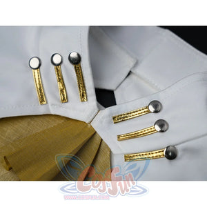 Velina Airgid cosplay collar trim detail shows gold bars and pearl-like buttons beside the yellow bow.