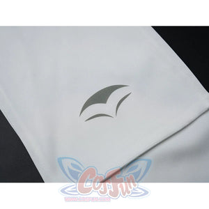Velina Airgid cosplay head scarf detail focuses on a gray emblem printed on smooth white fabric.
