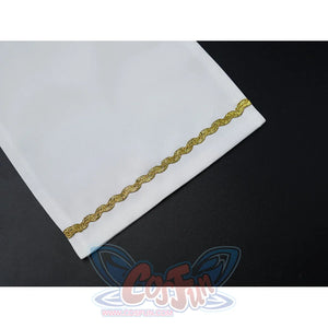 Velina Airgid cosplay head scarf trim detail highlights a gold braid edge along the white fabric.