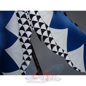 Velina Airgid cosplay train panel detail layers white scalloped fabric over the blue and black skirt.