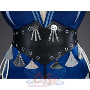 Velina Airgid cosplay waist belt detail features black faux leather set with silver rings and hanging tassels.