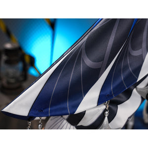 Velina Airgid cosplay costume traces intricate patterns across the satin capelet panels while highlighting hanging accents.