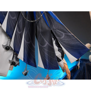Velina Airgid cosplay costume centers pleated capelet fabric with printed patterns and hanging silver-tone charms.