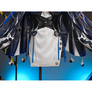 Velina Airgid cosplay costume centers white dress with black corset waist cincher and hanging chain ornaments.
