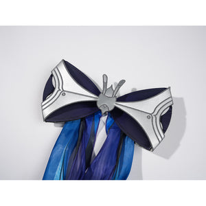 Velina Airgid cosplay costume centers headpiece with silver-tone faux leather and blue fabric ribbons.