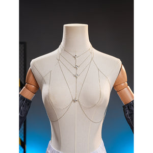 Velina Airgid cosplay costume centers a tiered silver-tone chest chain that drapes elegantly across the bodice and shoulders.