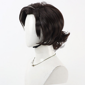 Angled front view of Verso cosplay wig from Clair Obscur Expedition 33 with short dark layers and curled ends