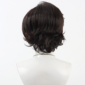 Back view of Verso cosplay wig from Clair Obscur Expedition 33 with short dark wavy layers and curled nape ends