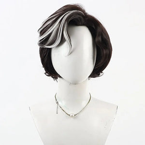 Front view of Verso cosplay wig from Clair Obscur Expedition 33 with short dark hair and white highlighted bangs