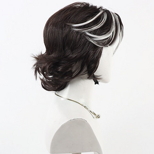 Side view of Verso cosplay wig from Clair Obscur Expedition 33 with dark layered curls and white front highlights