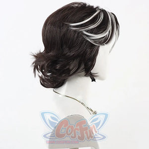 Side view of Verso cosplay wig from Clair Obscur Expedition 33 with dark layered curls and white front highlights
