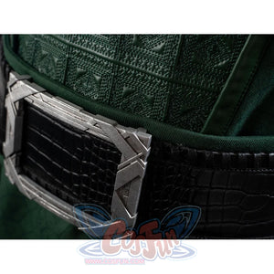 Victor Von Doom cosplay costume angles the silver-tone belt buckle across a black faux leather waist band.