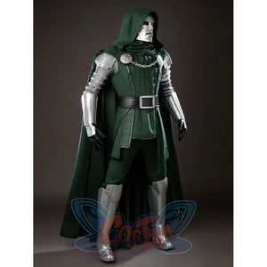 Victor Von Doom cosplay costume angles the green cape beside metallic gauntlets and textured chest armor.