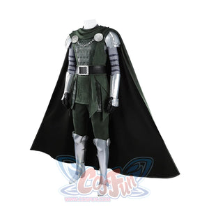 Doom Victor von Doom cosplay costume angles the green tunic below round shoulder discs.
