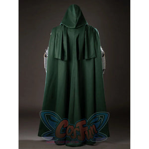 Victor Von Doom cosplay costume drapes a long green hooded cape over the back in a full rear view.