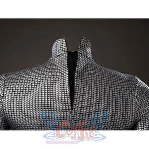 Victor Von Doom cosplay costume back collar opens at the neck in textured chainmail-pattern fabric.