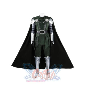 Doom Victor von Doom cosplay costume frames the green tunic between dark cape panels.