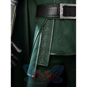 Victor Von Doom cosplay costume drops a textured green front panel from the black belt over matching pants.