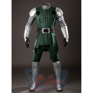 Victor Von Doom cosplay costume centers the green tunic under a black belt and silver-tone arm plus leg armor.