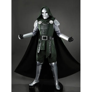 COSFUN Doom Victor von Doom cosplay costume centers green armor layers below a dark hooded cape.