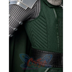 Victor Von Doom cosplay costume balances a quilted green waist panel beside the black faux leather belt.