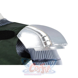 Doom Victor von Doom cosplay costume frames a silver shoulder plate over chainmail sleeves.