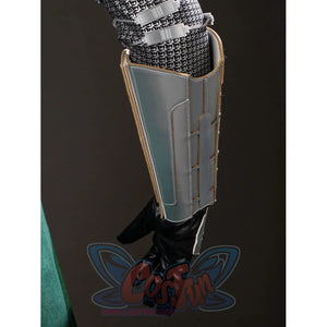 Victor Von Doom cosplay costume side detail pairs chainmail-pattern sleeve straps with a silver-tone arm guard.