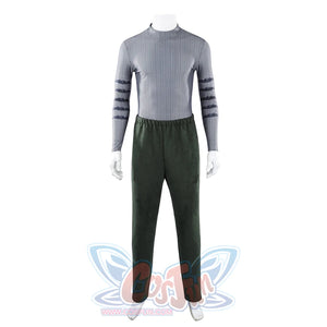 Doom Victor von Doom cosplay costume sets the gray knit underlayer above green pants.