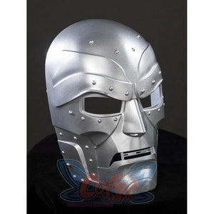 Victor Von Doom cosplay mask angles the silver-tone brow above cheek panels and a raised nose bridge.