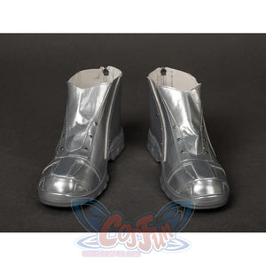 Victor Von Doom cosplay shoes front view pairs silver-tone paneled toes with riveted ankle uppers.