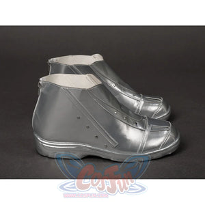 Victor Von Doom cosplay shoes side profile curves silver-tone faux leather panels around the ankle.