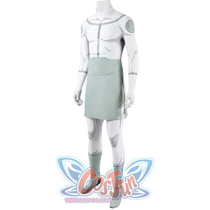 Angled view of Mark cosplay from Invincible bodysuit with white body print and pale green waist panel