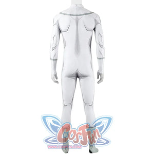 Back view of Mark cosplay from Invincible bodysuit with gray printed lines and pale green lower legs