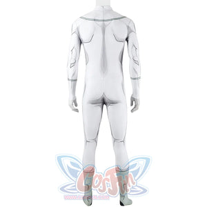 Back view of Mark cosplay from Invincible bodysuit with gray printed lines and pale green lower legs