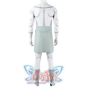 Back view of Mark cosplay from Invincible bodysuit with gray line print, green waist panel, and lower legs