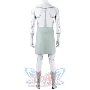 Back view of Mark cosplay from Invincible bodysuit with gray line print, green waist panel, and lower legs