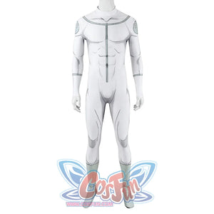 Front view of Mark cosplay from Invincible bodysuit without waist panel, showing white printed lines