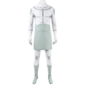 Front view of Mark cosplay from Invincible bodysuit with white print, pale green waist panel, and lower legs