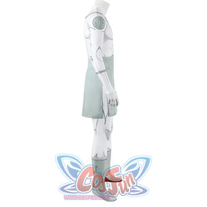 Side view of Mark cosplay from Invincible bodysuit with shoulder emblem, green waist panel, and lower leg
