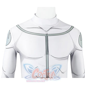 Close-up of Mark cosplay from Invincible bodysuit chest with gray lines and center stripe