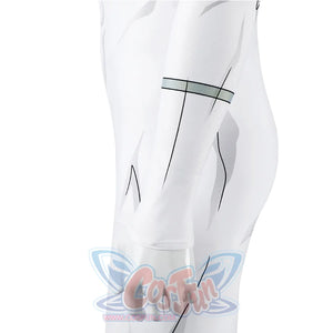 Side hip detail of Mark cosplay from Invincible bodysuit with white print and narrow pale green band