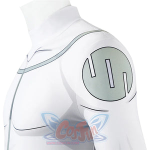 Shoulder detail of Mark cosplay from Invincible bodysuit with pale green emblem and black line accents