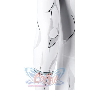 Side leg detail of Mark cosplay from Invincible bodysuit with white fabric and gray contour lines