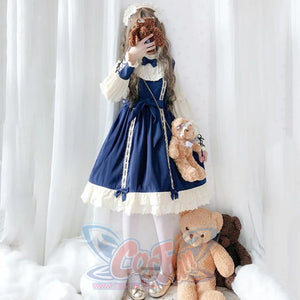 Vintage Lace Up Bow Pleated Frill Nice Clean-Cut Lolita Dress Mp006130