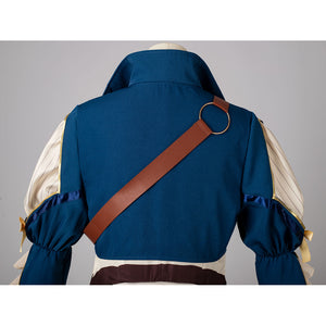 Violet Evergarden cosplay costume jacket back view centers a brown shoulder strap across the tailored blue fabric piece.